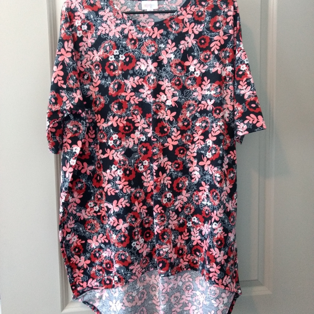 Red floral LuLaRoe "Irma" long tailed shirt